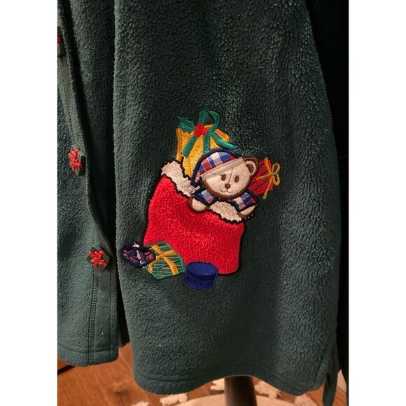 Vintage Fleece Green Jacket Unique Gift Buttons Appliqué Christmas Scene Sz 2X - Picture 10 of 10